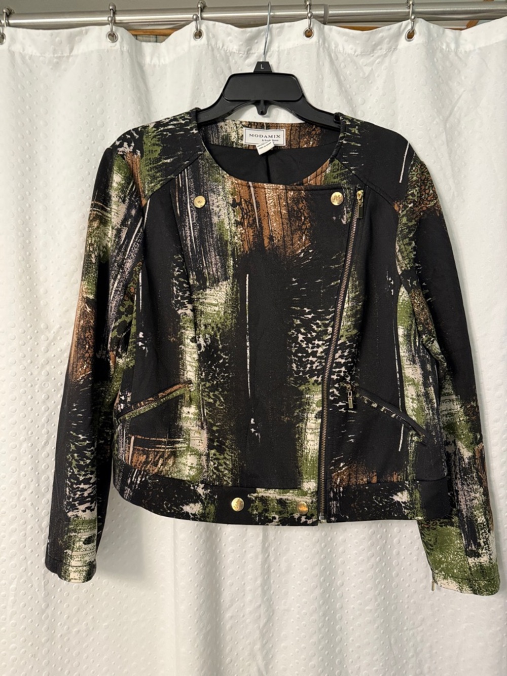 ModaMín Patterned Black Blazer Jacket with Green & Brown Accents